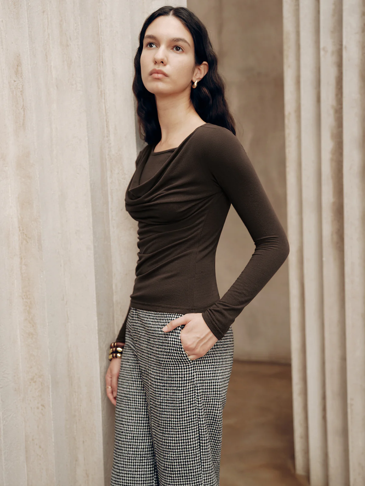 Long Sleeve Draped Crew Neck Top