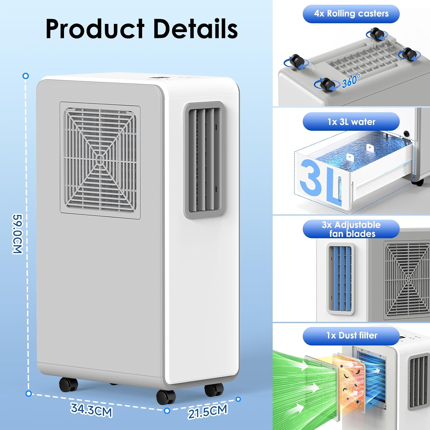 Portable Air Conditioner 4 in 1 Air Conditioning Unit Cooling & Dehumidifier & Cooling Fan Ultra Quiet, 24H Timer Powerful Mobile AC Unit Cooling for Home,Office（white）
