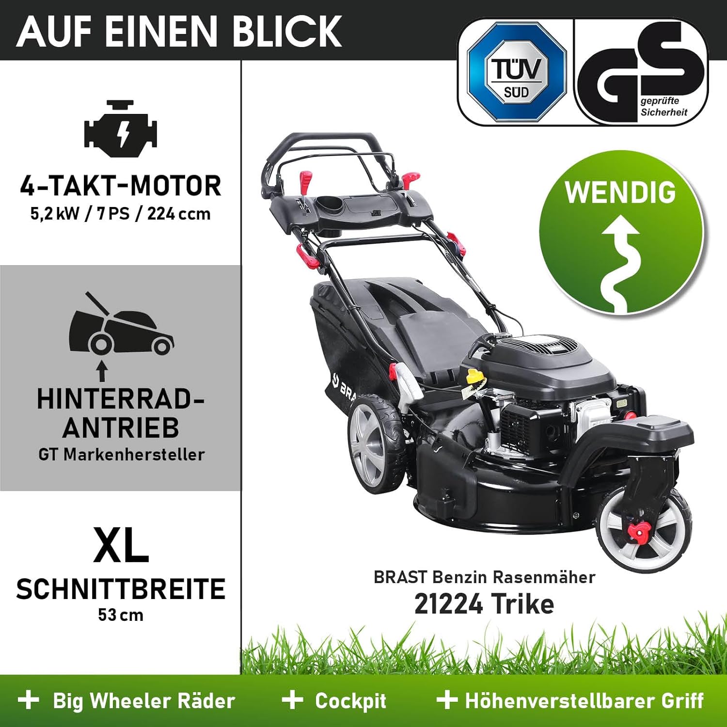 BRAST® Benzin Rasenmäher Trike mit Antrieb | 5,2kW(7PS) | 53cm Schnittbreite | viele Modelle | TÜV | 4 Takt OHV Motor | 30-80mm Schnitthöhe | 60L Fangkorb | Stahlgehäuse | Speed