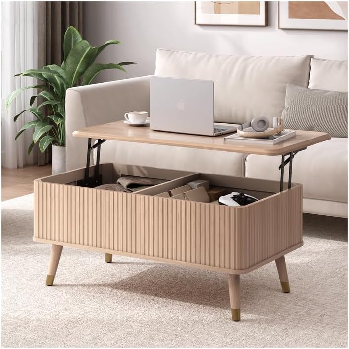 Round Coffee Table with Storage Fluted Center Table with Sliding Cabinet Door for Living Room