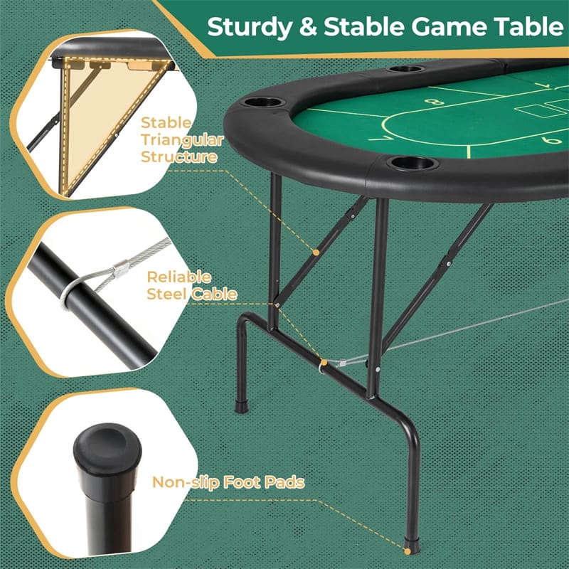 72" Foldable Poker Table for 8 Players with 8 Cup Holders & Casino-Grade Felt