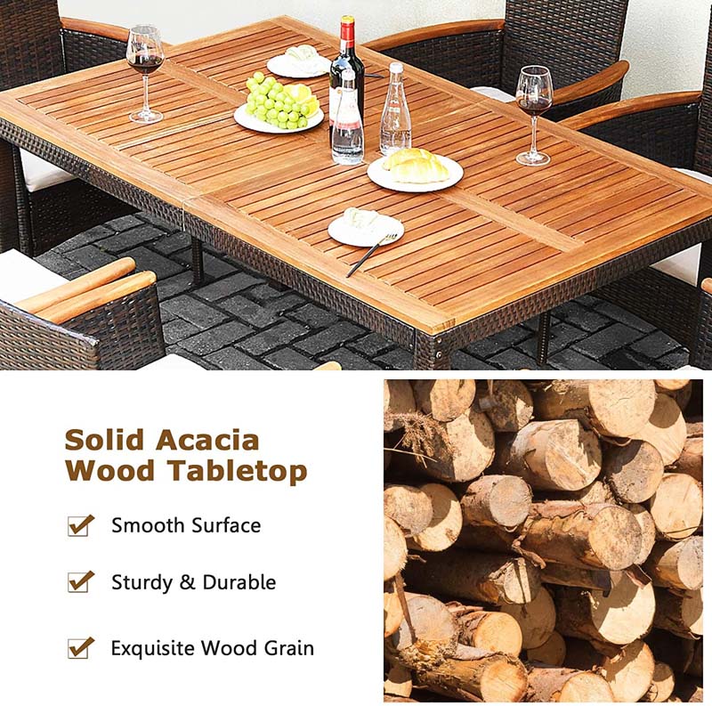 Eletriclife 7 Pieces Patio Rattan Dining Set with Armrest Cushioned Chair and Wooden Tabletop