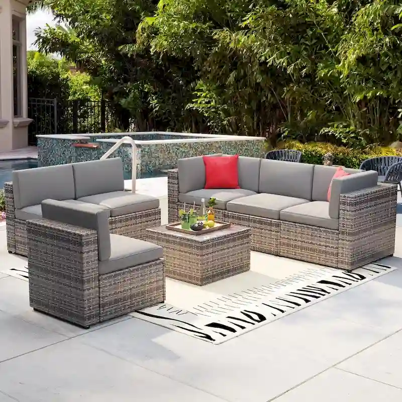 7 Pieces Outdoor Patio Furniture Sets Wicker Sectional Sofa PE Rattan Conversation Sets with Cushions