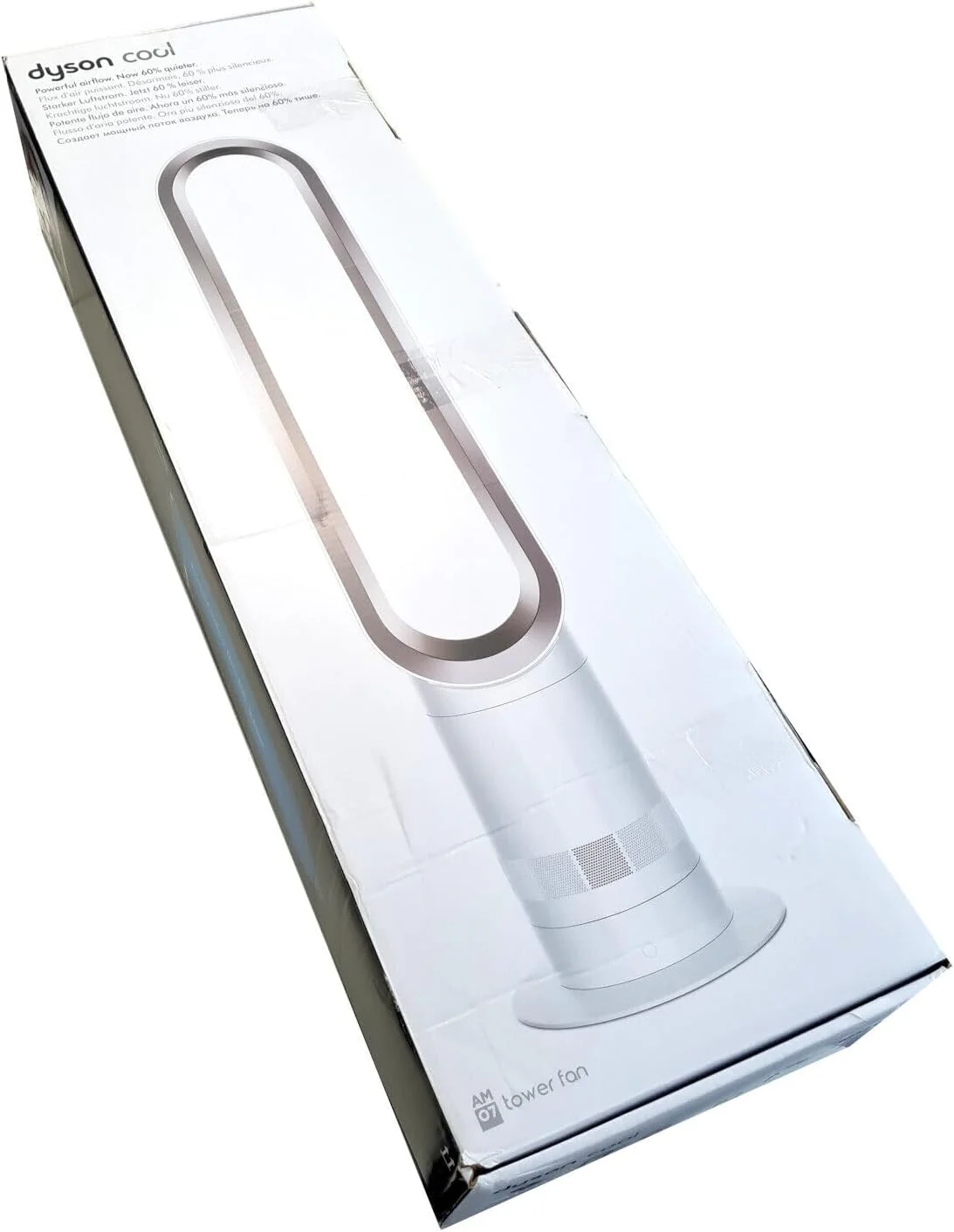 Dyson Cool AM07 Ventilator mit Fernbedienung 100cm, 9h Timer, Turmventilator leise weiß/silber, ENERGIESPAREND, Lüfter Standventilator Schlafzimmer, Lautstärke 48db, 10 Stufen