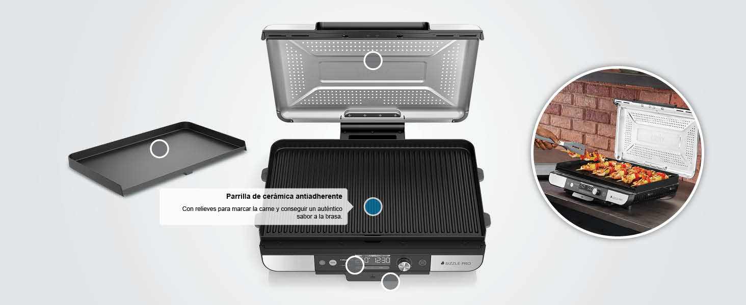 Imágenes de productos de dispositivos digitales que muestran diferentes ángulos y componentes de un dispositivo electrónico negro con botones y conectores.