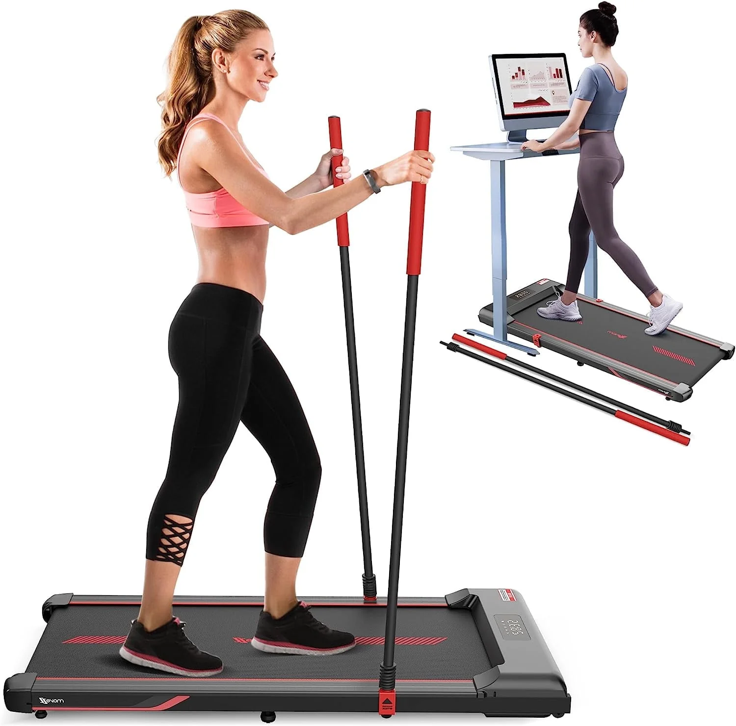 Superjoe Walking Pad Treadmill Under Desk 2 in 1 with Remote Control & Removable Handrails Under Desk Treadmills for Home Exercise Walking Running Jogging Machine LED Display Free Installation Red