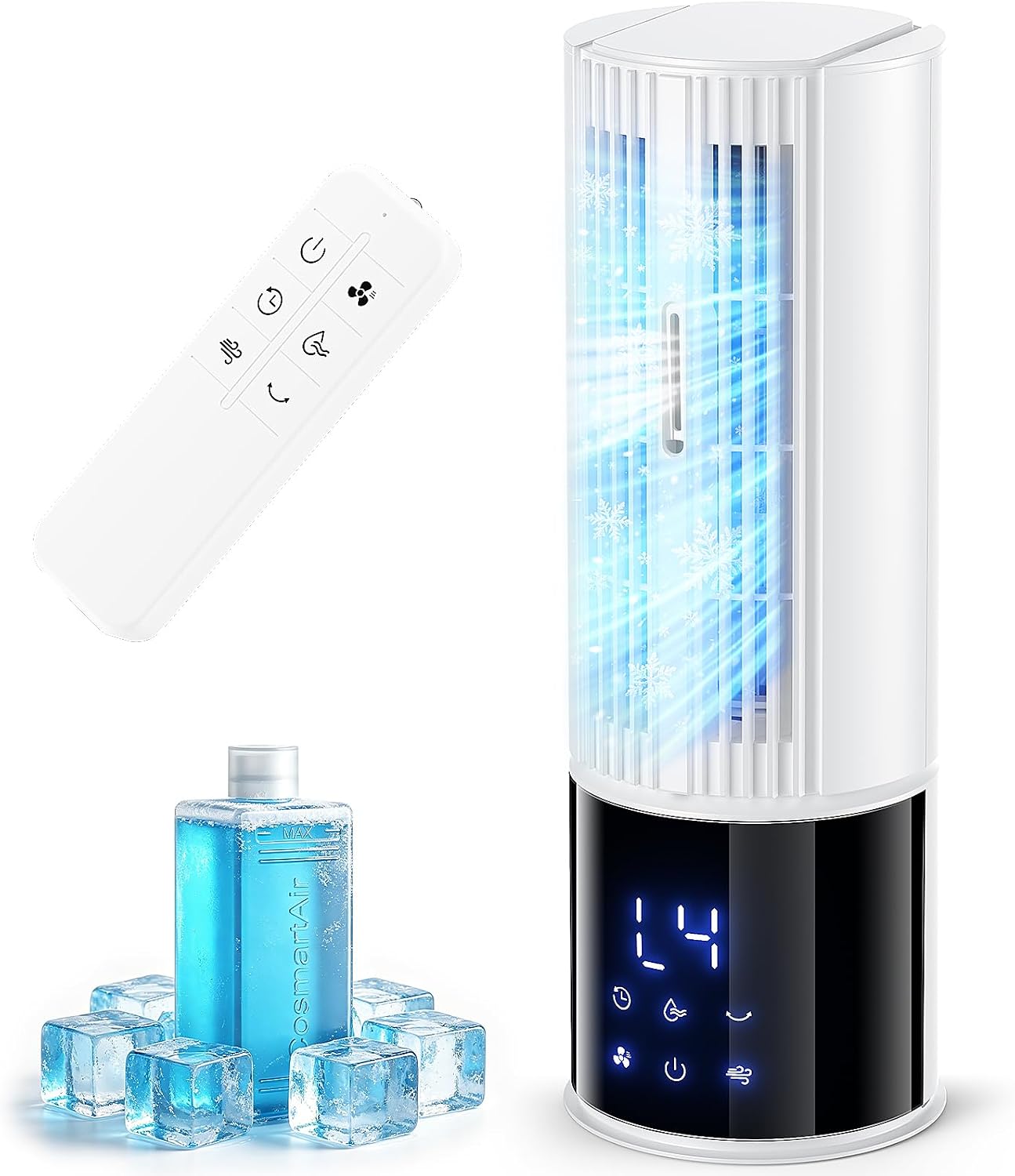 Portable Air Conditioner Air Cooler 6-in-1 Portable Tower Fan,3 Speeds, Storm Mode Cool Mist,Remote Control,Automatic Oscillation,8H Timer LED Display with Ice Packs for Home & Office Use（lvory）