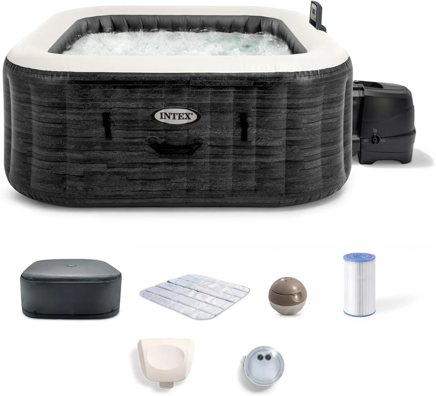 INTEX PureSpa Greystone Deluxe 4 Person Square Inflatable Hot Tub, Bubble Massage Spa