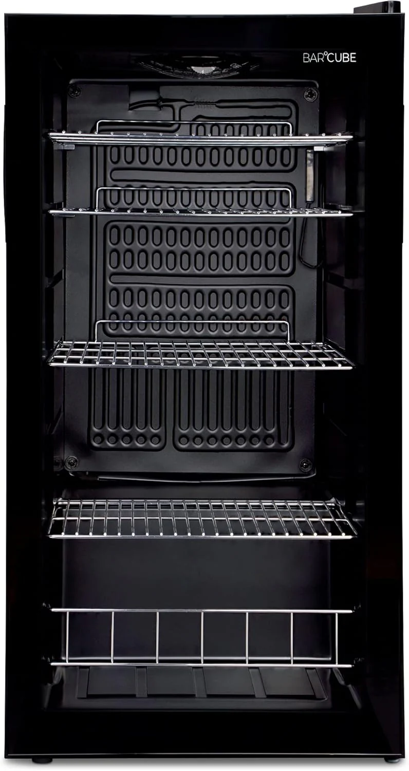 °CUBES Getränkekühlschrank 90L mit Glastür & 4 variablen Ablagen | Kompakter Flaschenkühlschrank, perfekt für zu Hause, Büro, Partys & Gastro | Stilvoller Kühlschrank mit Glastür, schwarz