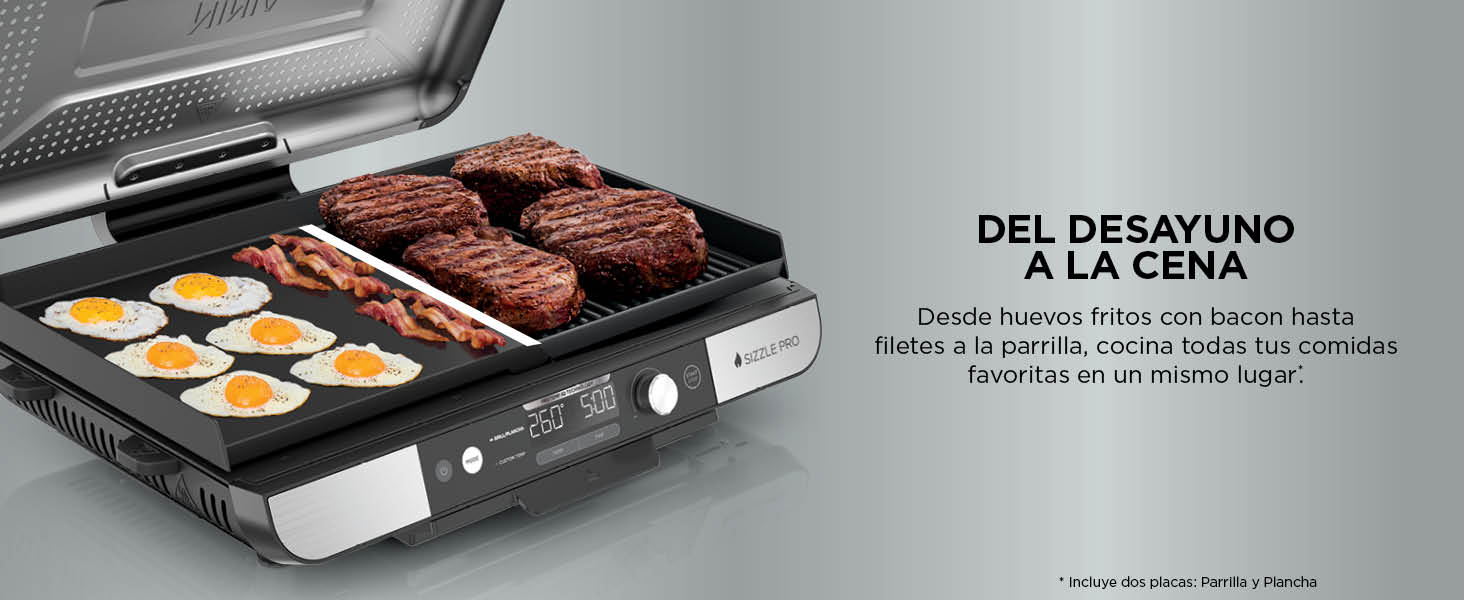El texto dice «DR. DESAYUNO» («Desayuno del Dr.»). Se muestra una plancha eléctrica o superficie de cocción preparando huevos y otros productos para el desayuno, mostrados desde varios ángulos.