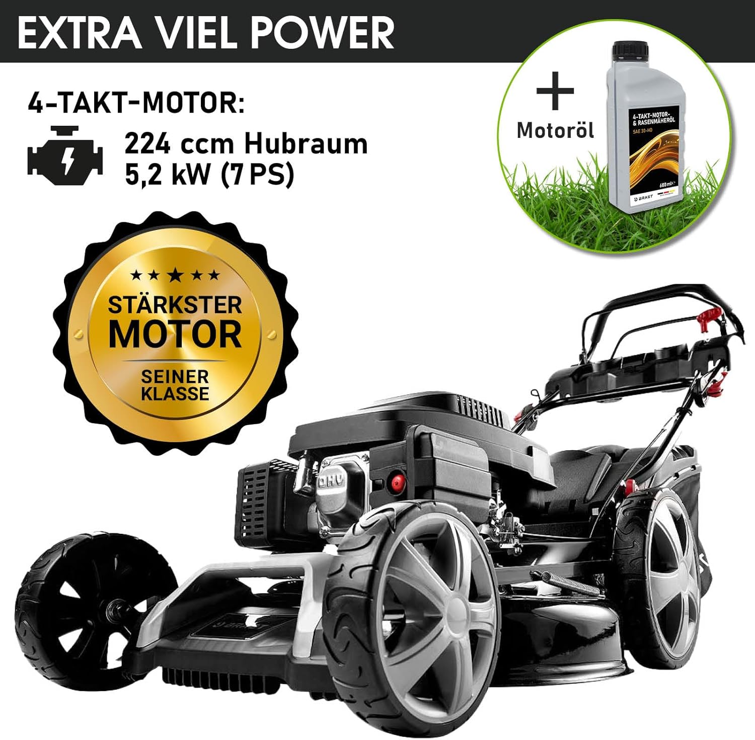 BRAST® Benzin Rasenmäher mit Antrieb | 5,2kW (7PS) | 55cm Schnittbreite | viele Modelle | TÜV | 30-80mm Schnitthöhe | 60L Fangkorb | 4 Takt OHV Motor | Stahlgehäuse | Power