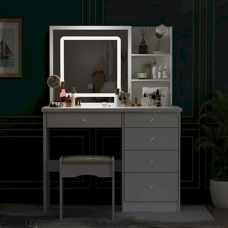 White Makeup Vanity Set with LED Mirror and Stool - 39.4 Wide