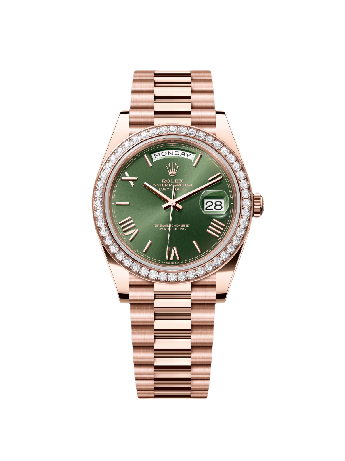 Rolex "President" 40mm Everose Gold Olive Green Roman Dial Diamond Bezel - 228345RBR