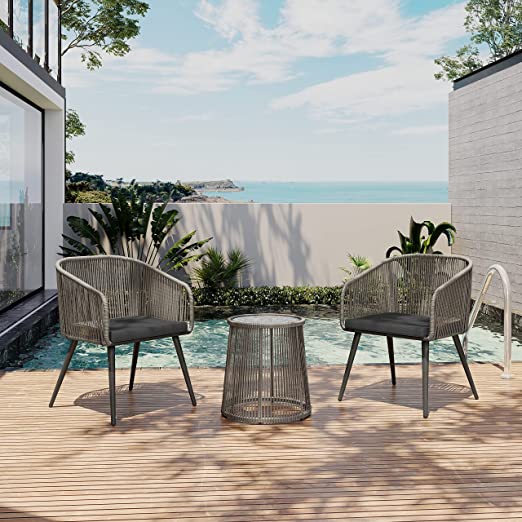 Patio Furniture Set 3-Piece Outside Bistro Set Handwoven Rattan Wicker Chairs with Waterproof Cushions Tempered Glass Table Outdoor Conversation Set for Porch Brown & Light Grey