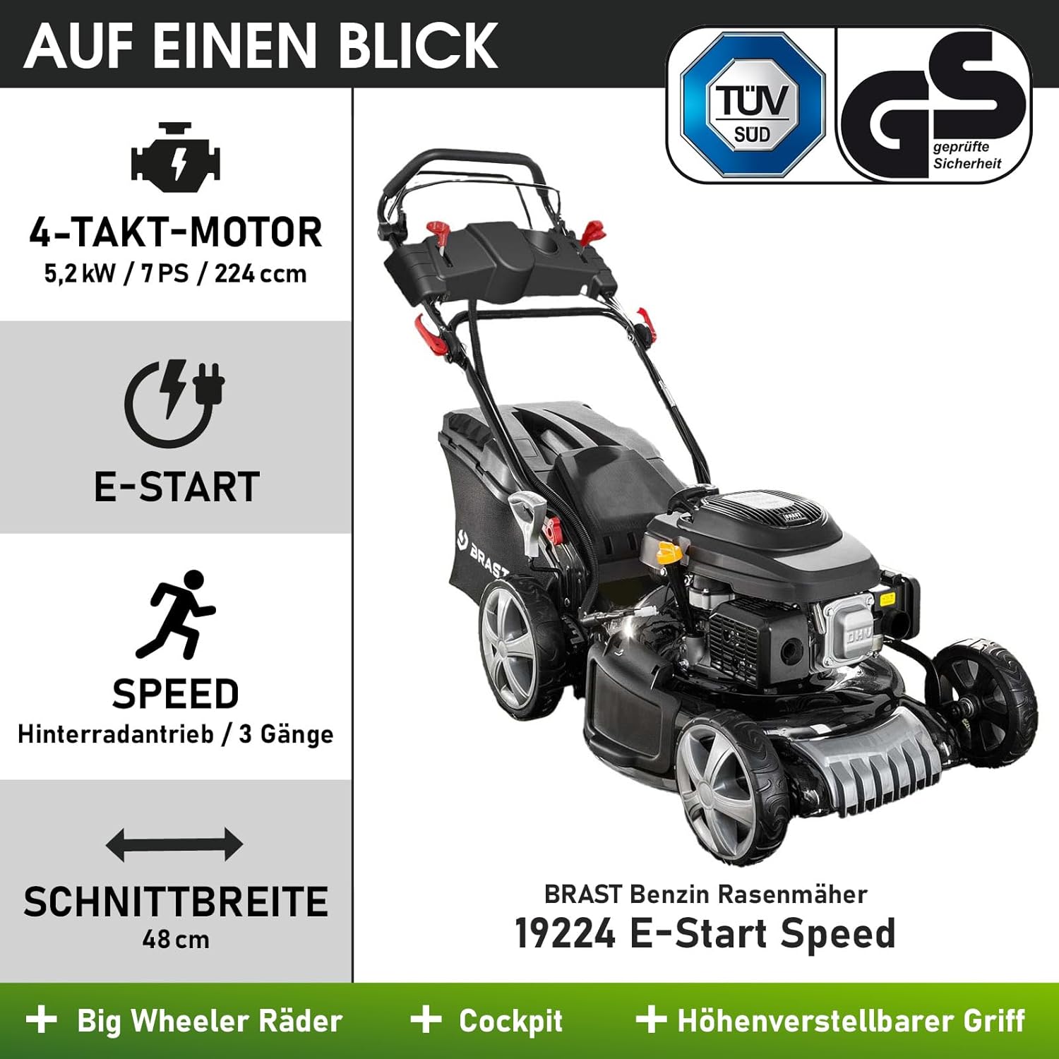 BRAST Benzin Rasenmäher mit Antrieb | 5,2kW(7PS) | Elektrostart | 48cm Schnittbreite | viele Modelle | TÜV | 4 Takt OHV Motor | 30-80mm Schnitthöhe | 60L Fangkorb | Stahlgehäuse | 19224 ESTART Speed