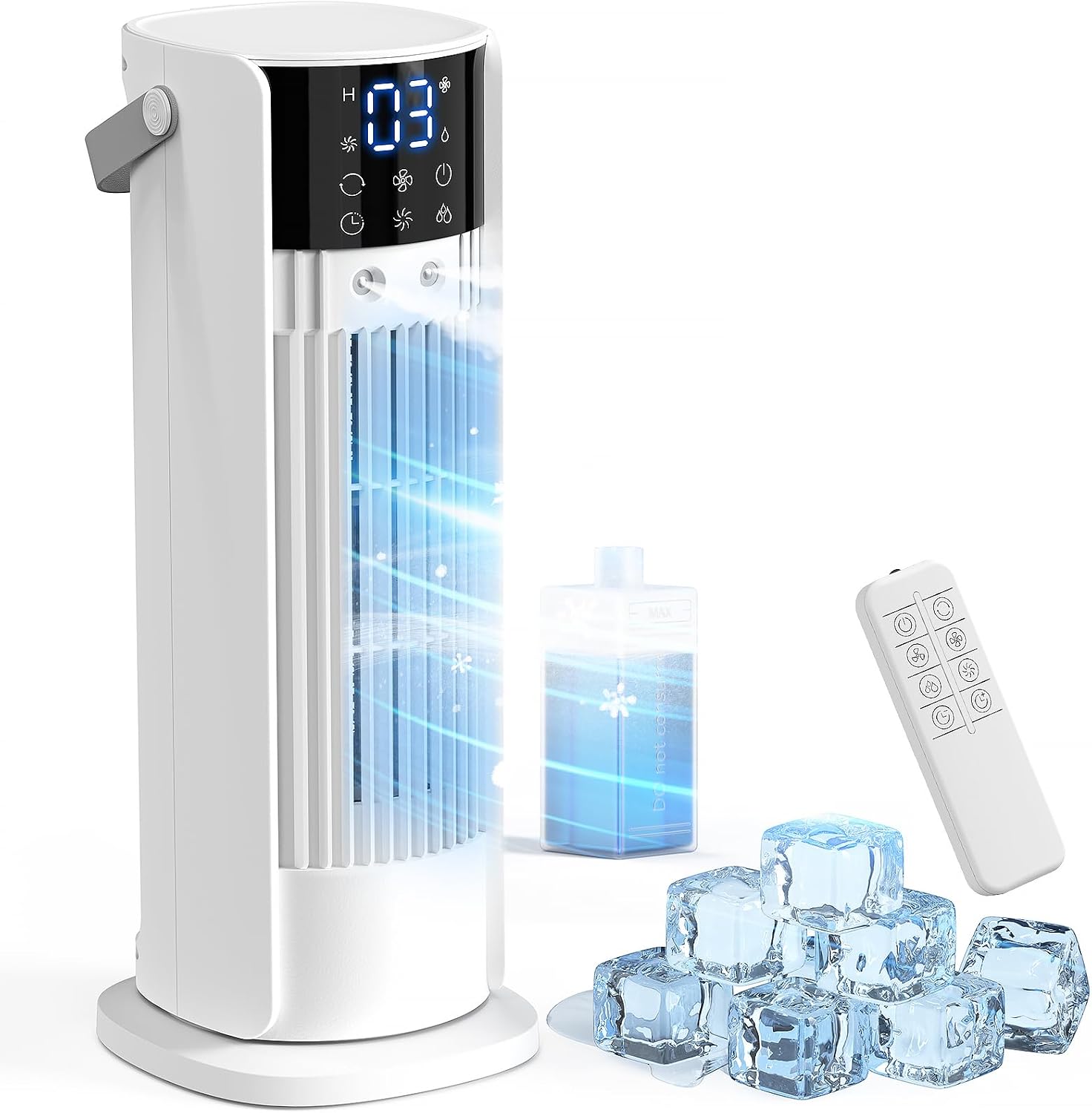 Portable Air Cooler, Evaporative Personal Cooling Fan with Large Ice/Water Tank, Dual Mist Nozzles, 4 Adjustable Speeds & 90° Oscillation, Quiet Remote Control Fan for Home Office Bedroom