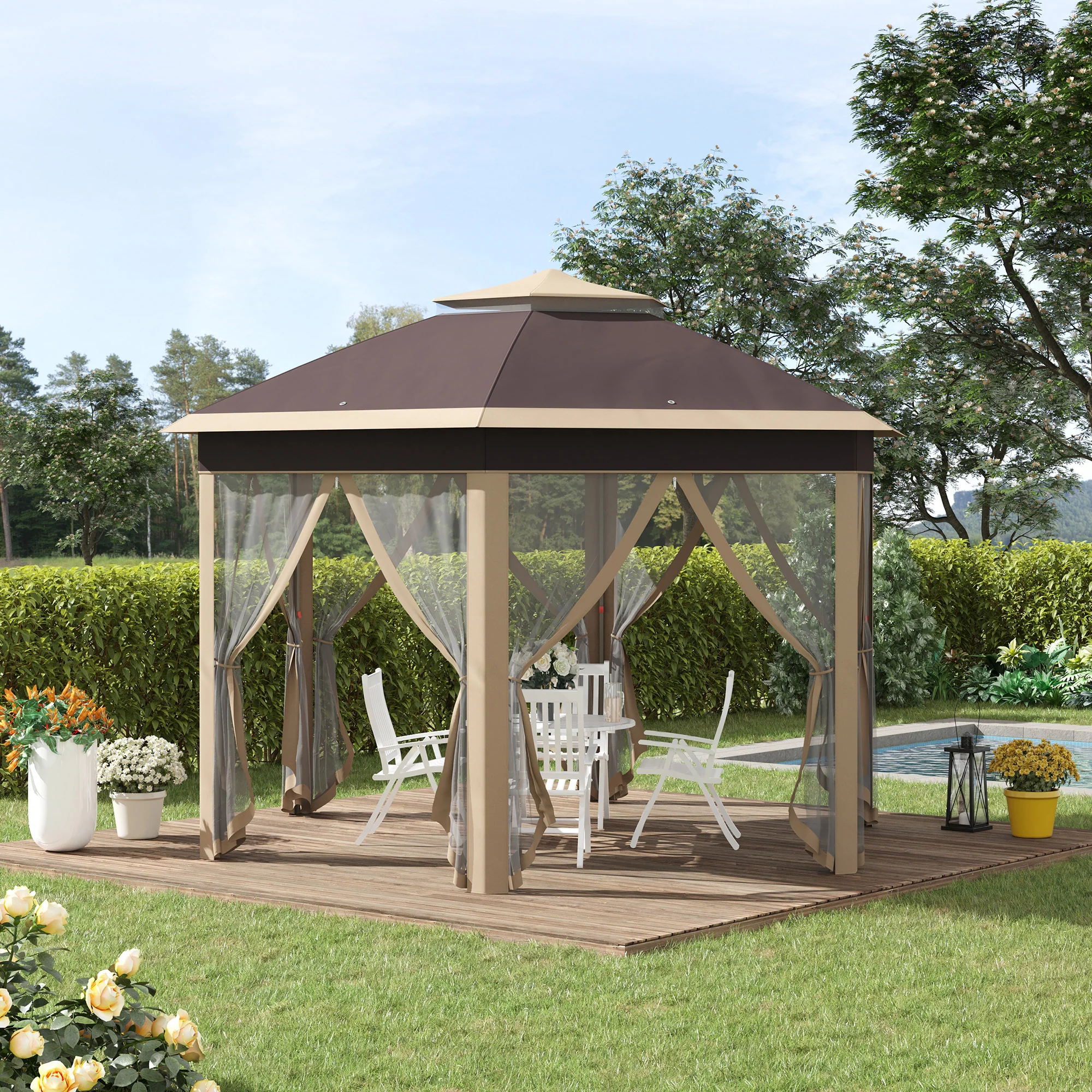 Outsunny Pavillon 4x4 m sechseckig mit Doppeldach Beige