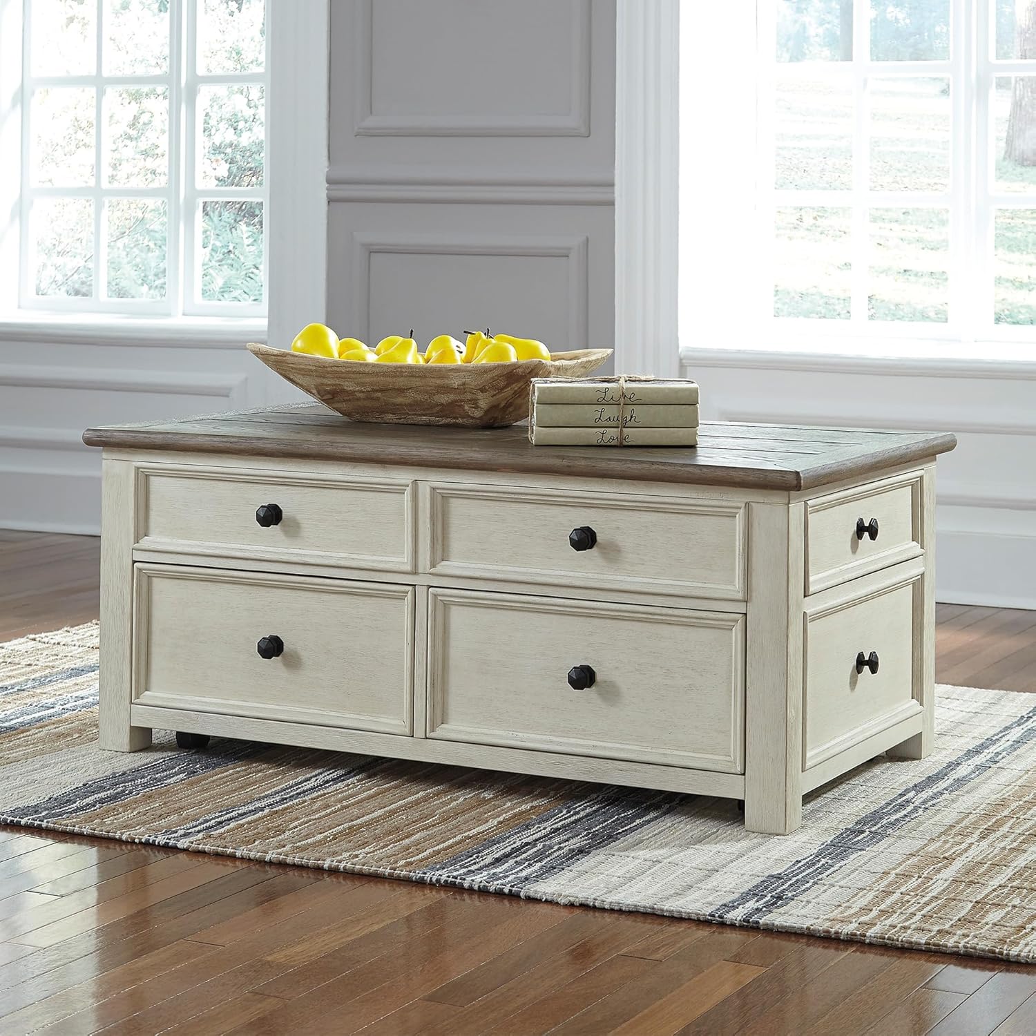 Ashley Bolanburg Lift Top Coffee Table with Drawers, Antique Cream & Brown