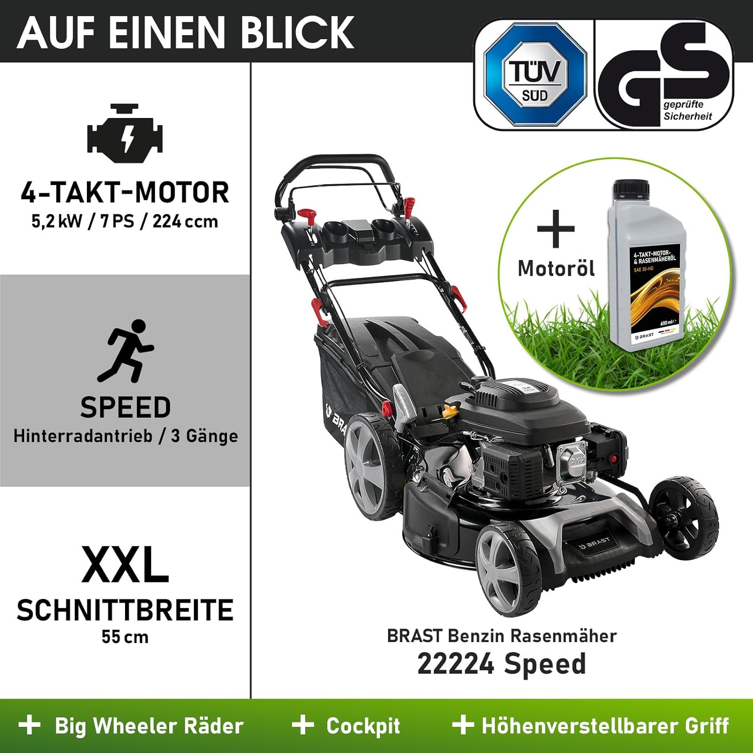 BRAST® Benzin Rasenmäher mit Antrieb | 5,2kW (7PS) | 55cm Schnittbreite | viele Modelle | TÜV | 30-80mm Schnitthöhe | 60L Fangkorb | 4 Takt OHV Motor | Stahlgehäuse | Power