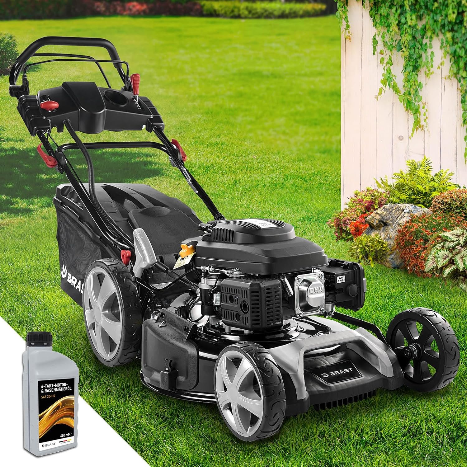 BRAST® Benzin Rasenmäher mit Antrieb | 5,2kW (7PS) | 55cm Schnittbreite | viele Modelle | TÜV | 30-80mm Schnitthöhe | 60L Fangkorb | 4 Takt OHV Motor | Stahlgehäuse | Power