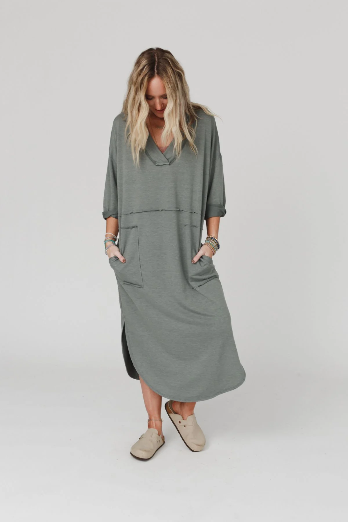 The Nest Meadow Long Sleeve Slit Maxi Dress - Light Olive