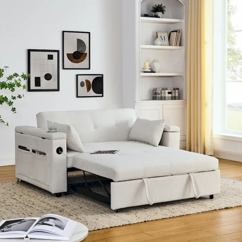 54 Pull-Out Sleeper Sofa Bed, 2 Seat Recliner Sofa Bed with Storage, Lumbar Pillow, USB Power Outlet