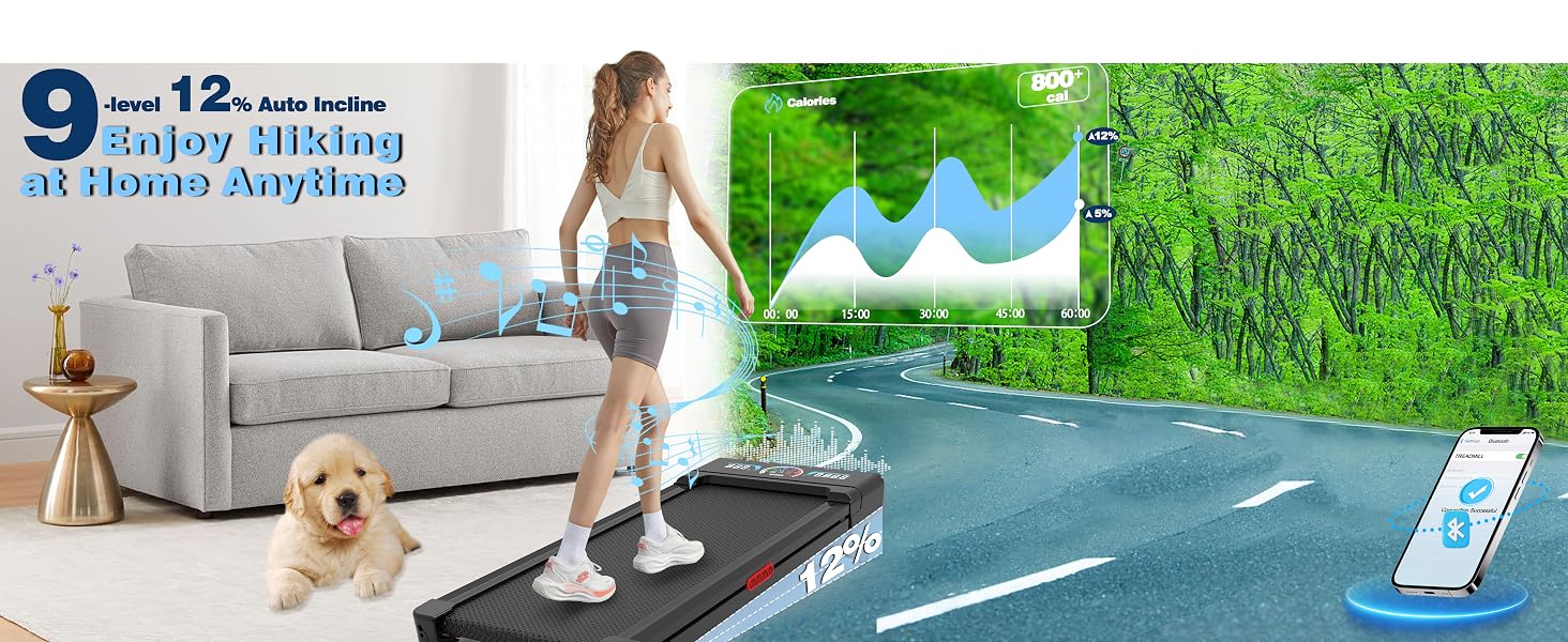 Walking Pad with 12% 9-Level Auto Incline, enjoy hikking at home anytime