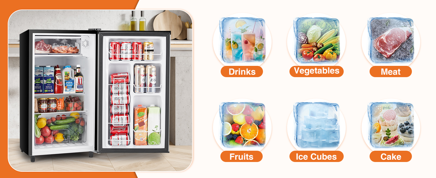 3.2 Cu.Ft Mini Fridge with Freezer Small Refrigerator Single Door Energy-efficient Low Noise