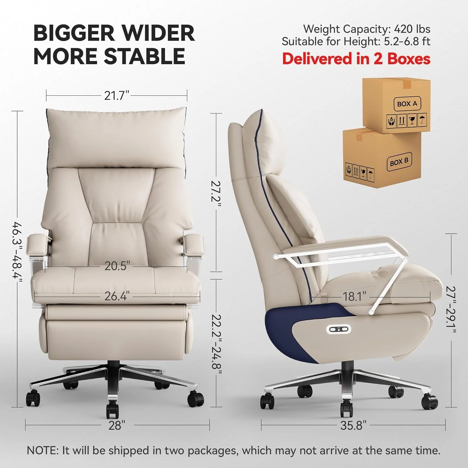M80 executive chair with two motors and footrest, for tall and heavy people, up to 190 kg, beige