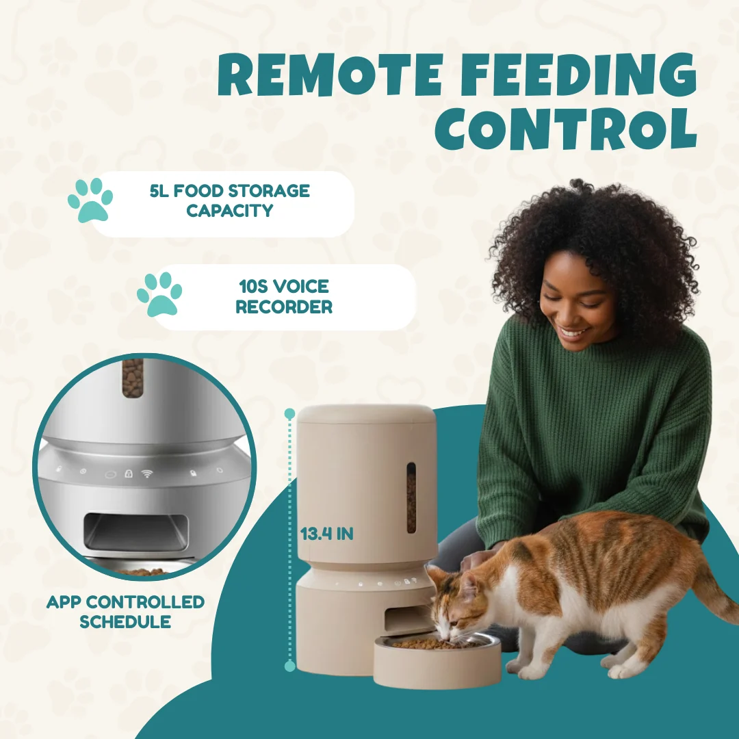 Automatic Cat & Dog Feeder 5L with Wi-Fi, Timed Feeding, Voice Recorder
