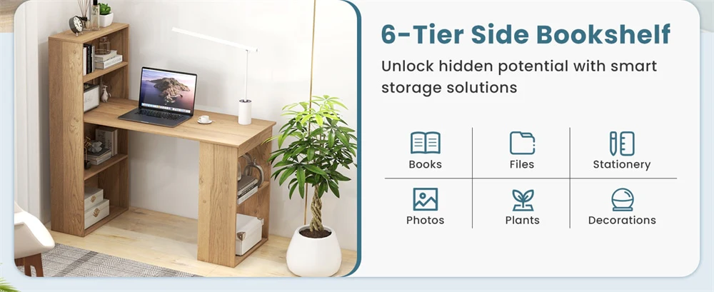 Eletriclife 48" Computer Desk with 6-Tier Bookshelf & CPU Stand, Space-Saving Workstation for Home Office Study