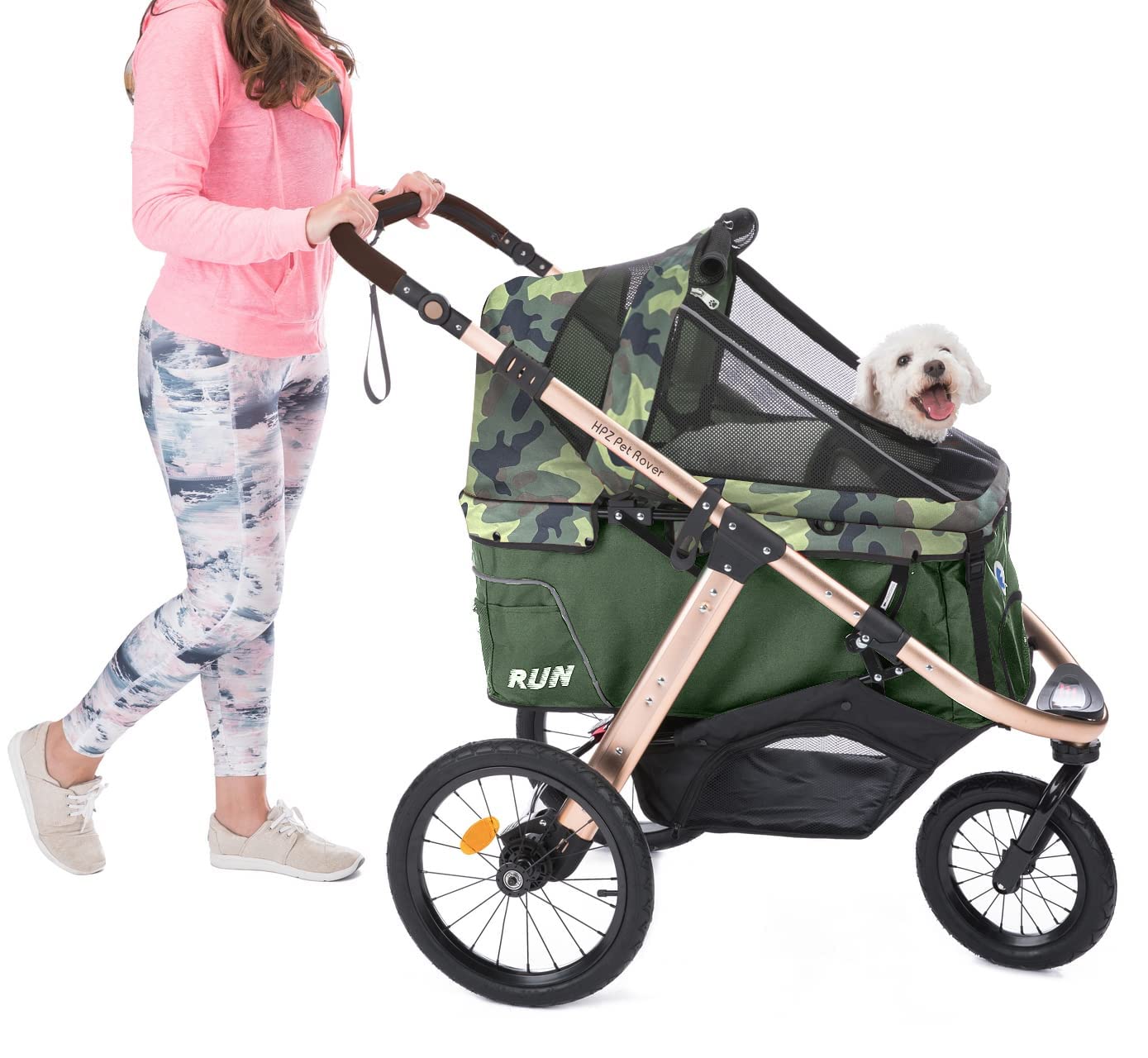 Jogging Sports Stroller with Comfort Rubber Wheels/Zipper-Less Entry/1-Hand Quick Fold/Aluminum Frame for Small/Medium Dogs Cats and Pets (Green Camo)