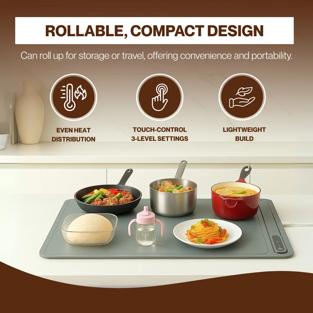 Electric Food Warming Tray with Touch Control & Rollable Storage