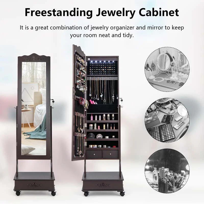 Eletriclife Rolling Floor Standing Mirrored Jewelry Armoire with Lock and Drawers
