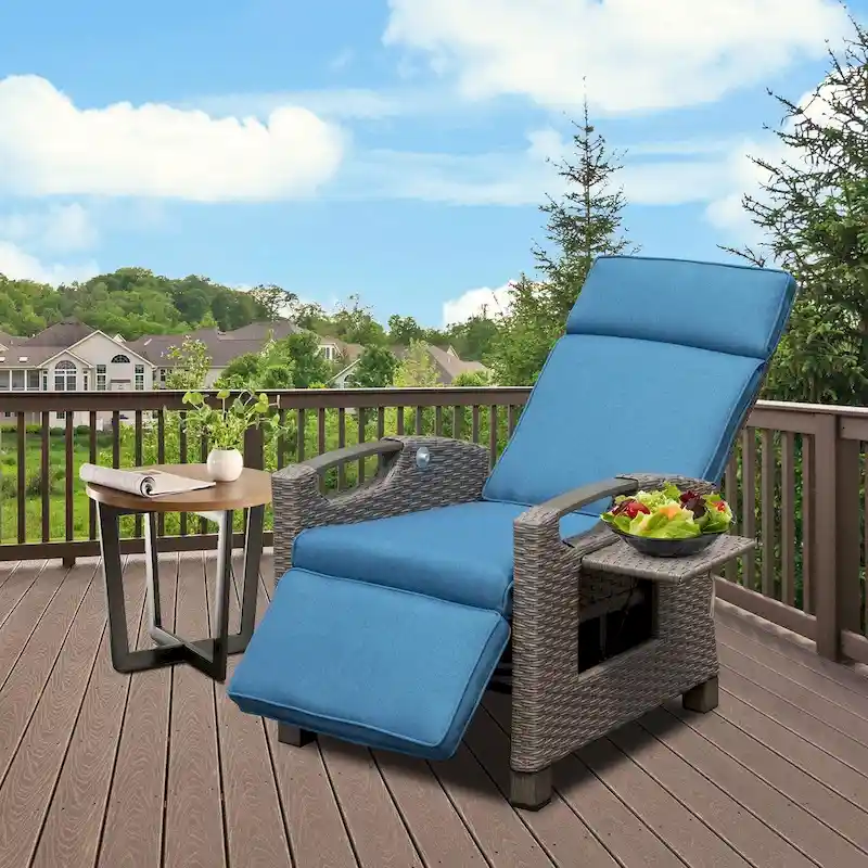 Outdoor Recliner Chair,Patio Recliner with Hand-Woven Wicker,Flip Table Push Back,Adjustable Angle,Reclining Lounge Chair