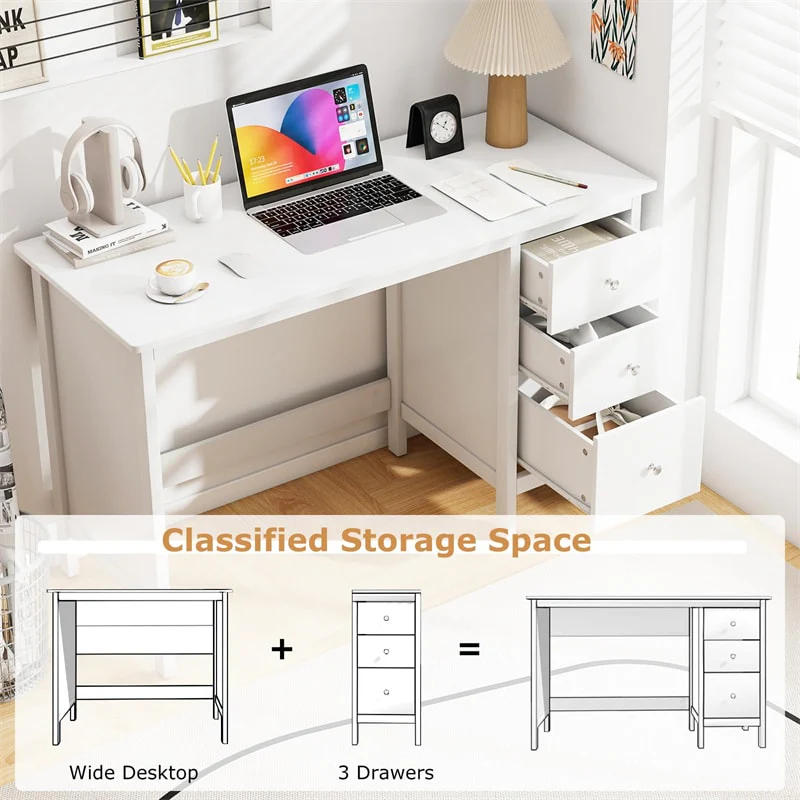 Eletriclife Computer Desk with 3 Storage Drawers, 48" Modern Home Office Desk Writing Workstation for Bedroom