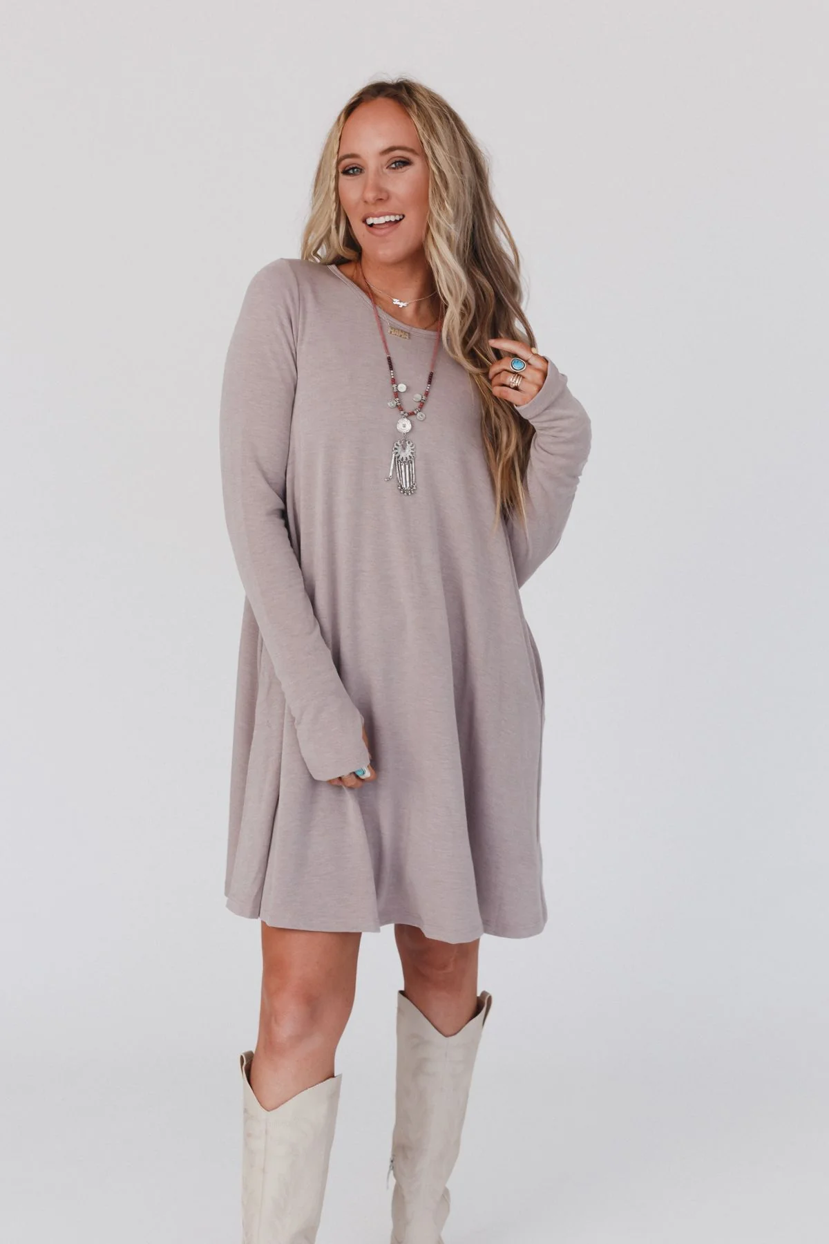 The Nest Jake Long Sleeve Crewneck Dress - Mocha Latte