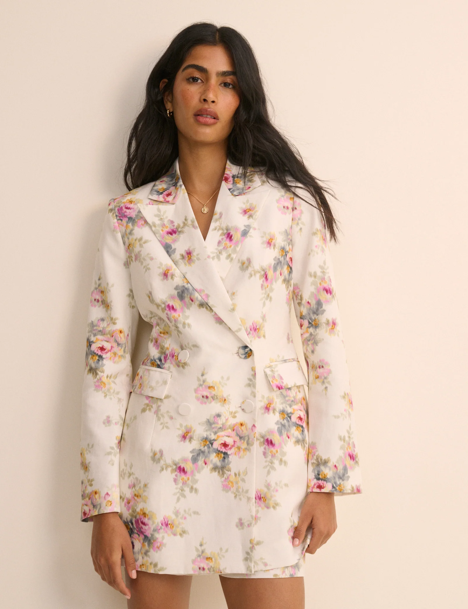 White Floral Linen-Blend Double-Breasted Suki Blazer