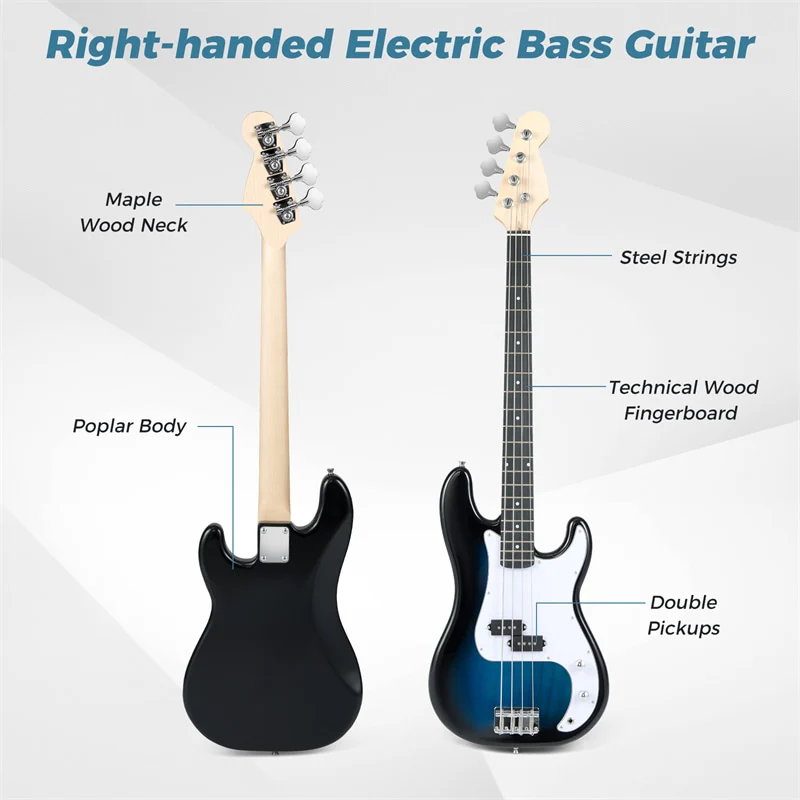 Eletriclife 46" Right-handed Electric Bass Guitar 4 Strings Full Size Bass Kit with Double Pickups for Beginners
