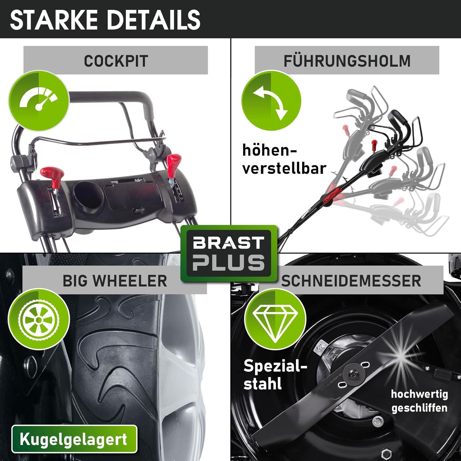 BRAST Benzin Rasenmäher mit Antrieb | 5,2kW(7PS) | Elektrostart | 48cm Schnittbreite | viele Modelle | TÜV | 4 Takt OHV Motor | 30-80mm Schnitthöhe | 60L Fangkorb | Stahlgehäuse | 19224 ESTART Speed