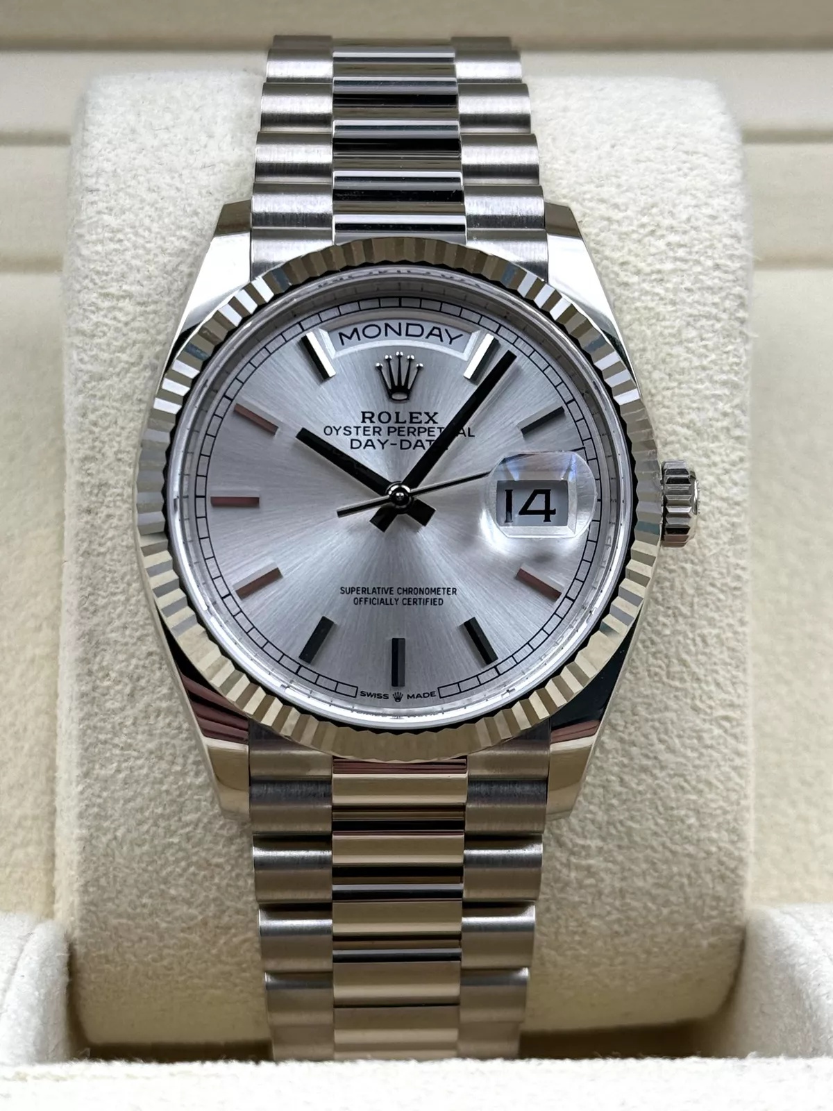 Rolex Day-Date "President" 40mm White Gold Silver Diamond Baguette Dial - 228239