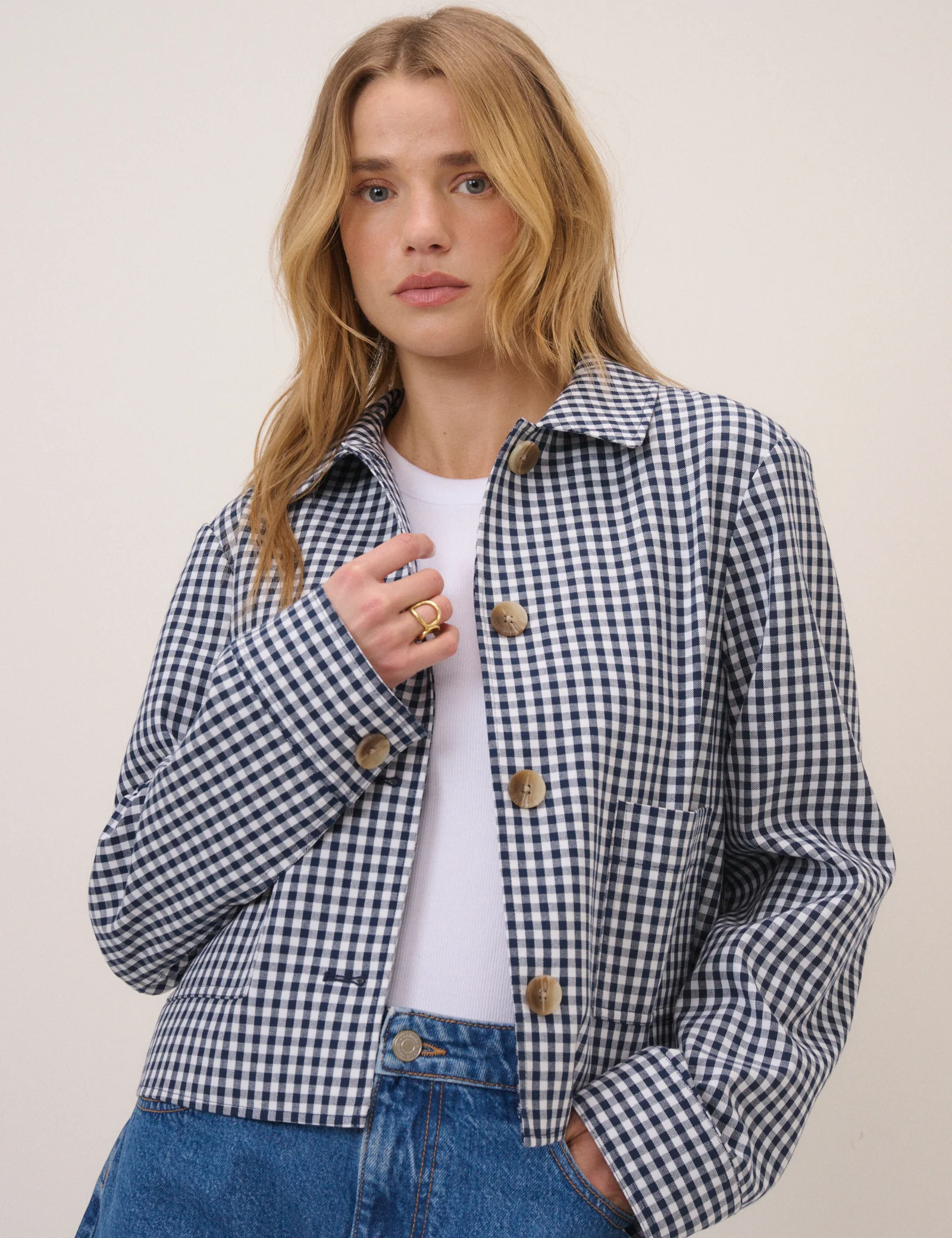 Navy Gingham Front Pocket Jacket