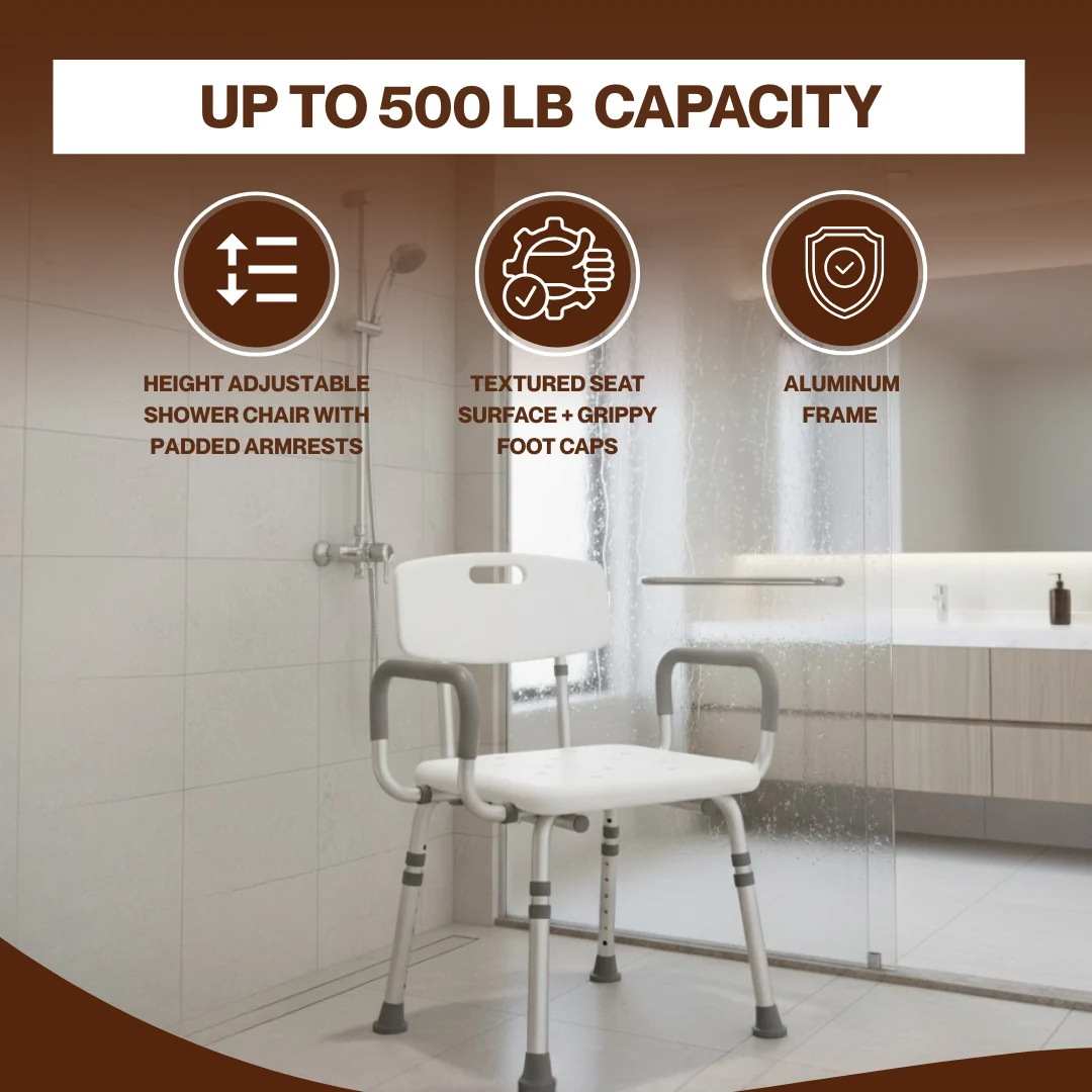 Heavy Duty Shower Chair with Arms and Back for Elderly Adults