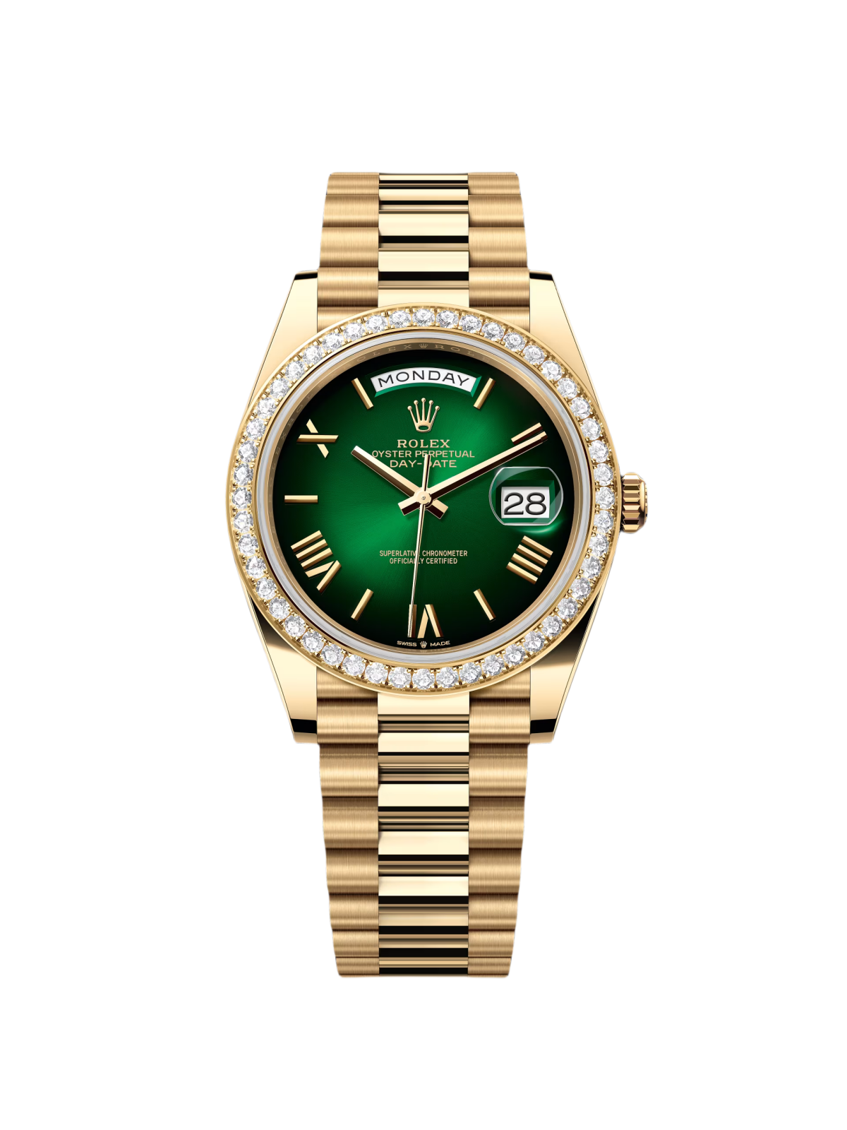 Rolex Day-Date "President" 40mm Yellow Gold Green Ombre Dial Diamond Bezel - 228348rbr
