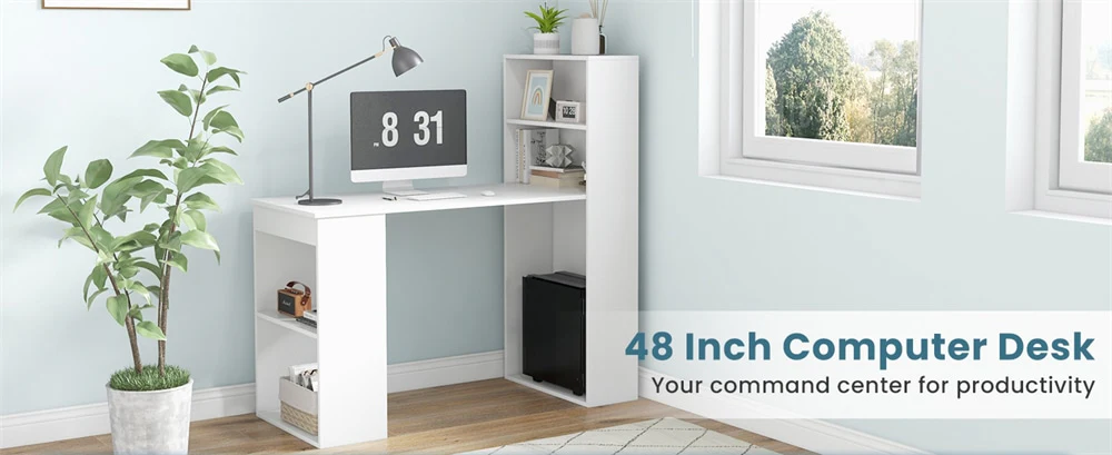 Eletriclife 48" Computer Desk with 6-Tier Bookshelf & CPU Stand, Space-Saving Workstation for Home Office Study