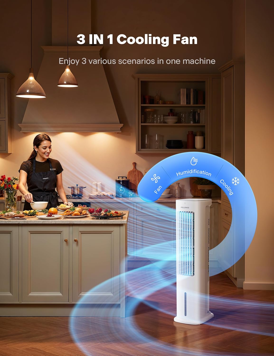 PELONIS 5L Air Cooler, Evaporative Air Cooler with Remote Control, 3 IN 1 Portable with Automatic Oscillation 3 Speeds and 7-Hour Timer, Fan and Humidifier for Home, 2 Ice Packs Included