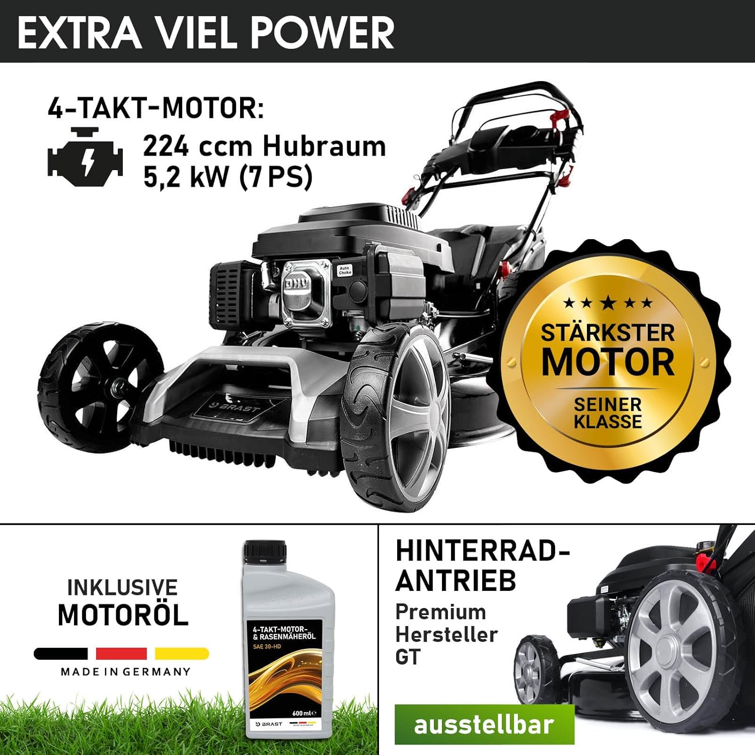 BRAST® Benzin Rasenmäher mit Antrieb | 5,2kW (7PS) | 55cm Schnittbreite | viele Modelle | TÜV | 30-80mm Schnitthöhe | 60L Fangkorb | 4 Takt OHV Motor | Stahlgehäuse | Power