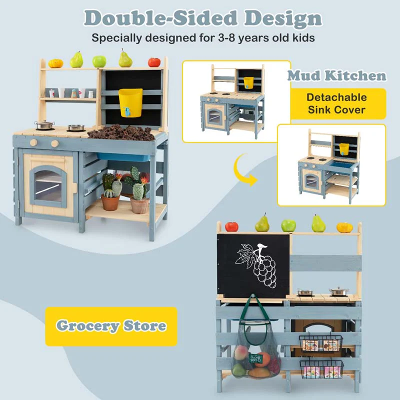 Eletriclife 2-In-1 Outdoor Mud Kitchen with Faucet and Extra Chalkboard