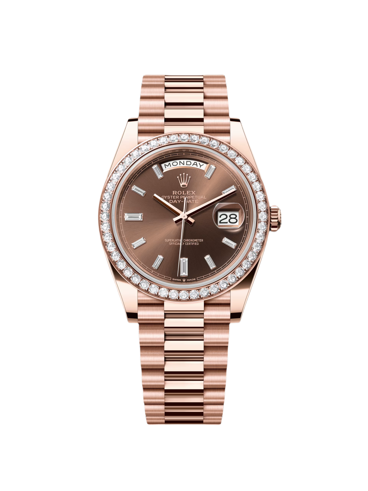 Rolex Day-Date 40mm Chocolate Baguette Diamond Dial Diamond Bezel Dial Watch 228345RBR