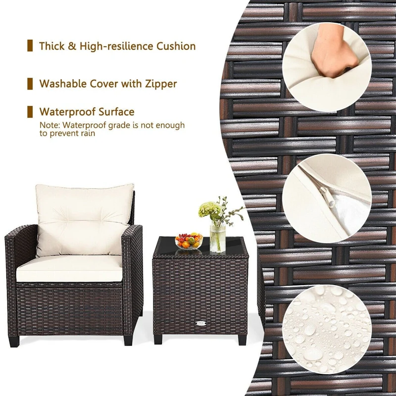 Eletriclife 3 Pieces Patio Rattan Furniture Set with Cushion